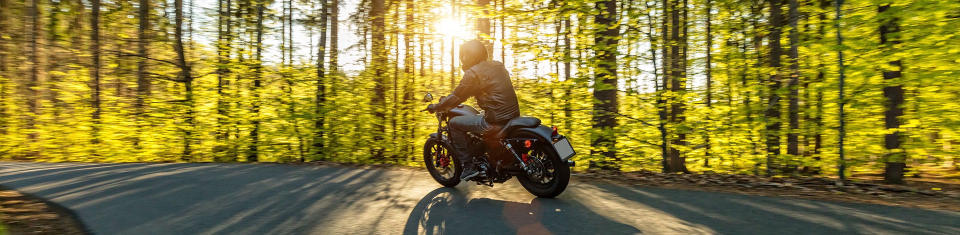 Motociclista con moto nera in un bosco